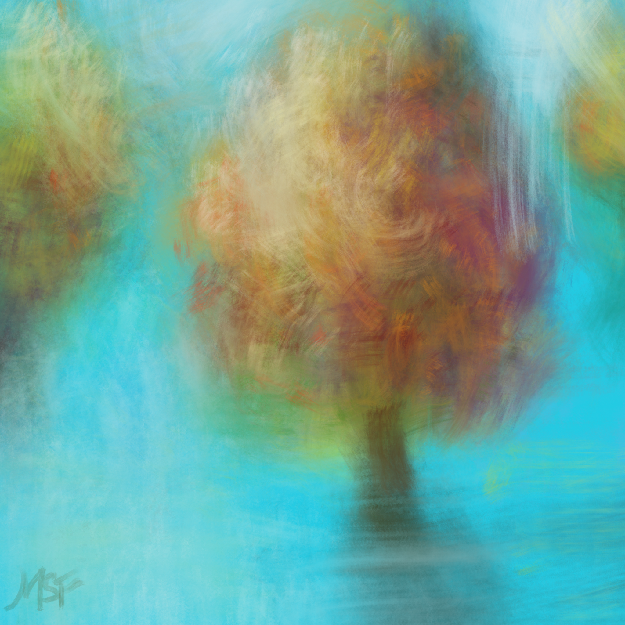 Abstract painting of a tree with colorful leaves on a blue background.