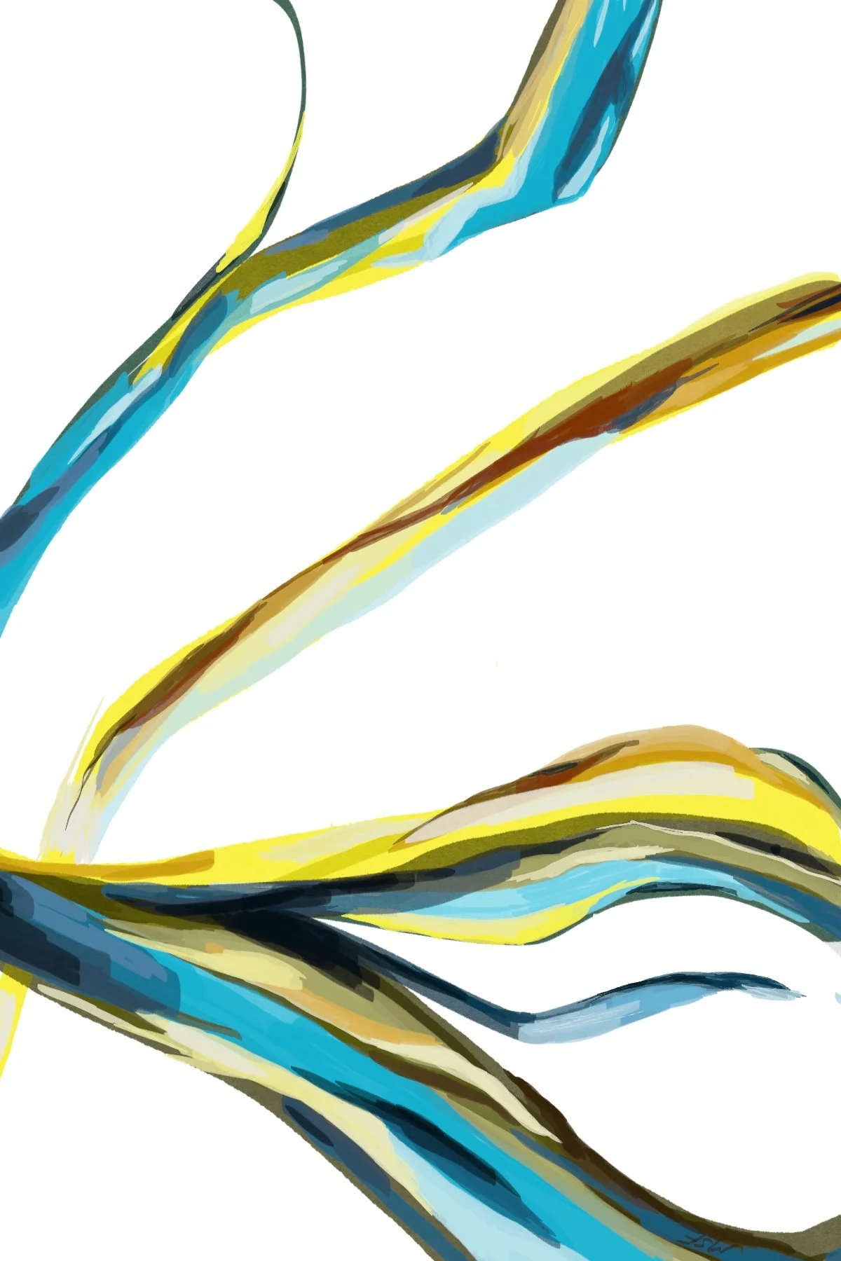 Abstract artwork with flowing blue, yellow, and brown brushstrokes on a white background.
