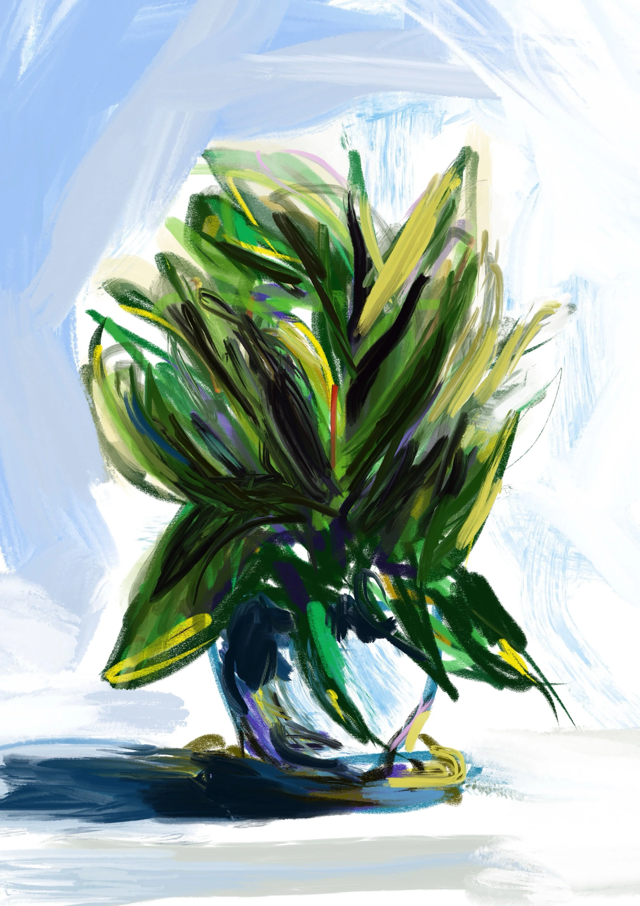 A colorful abstract painting of a potted plant with green, yellow, and purple leaves against a light background.