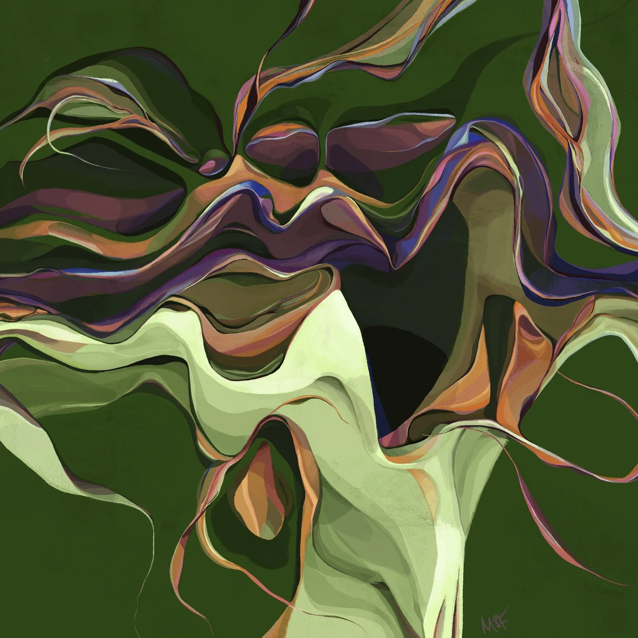Abstract digital painting of a floral arrangement with dark purple, orange, green, and beige colors on a dark green background.