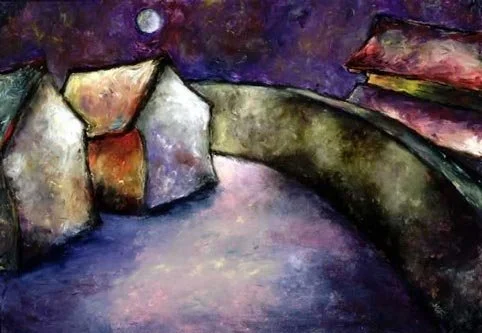 Moonlit Street, Oil on paper