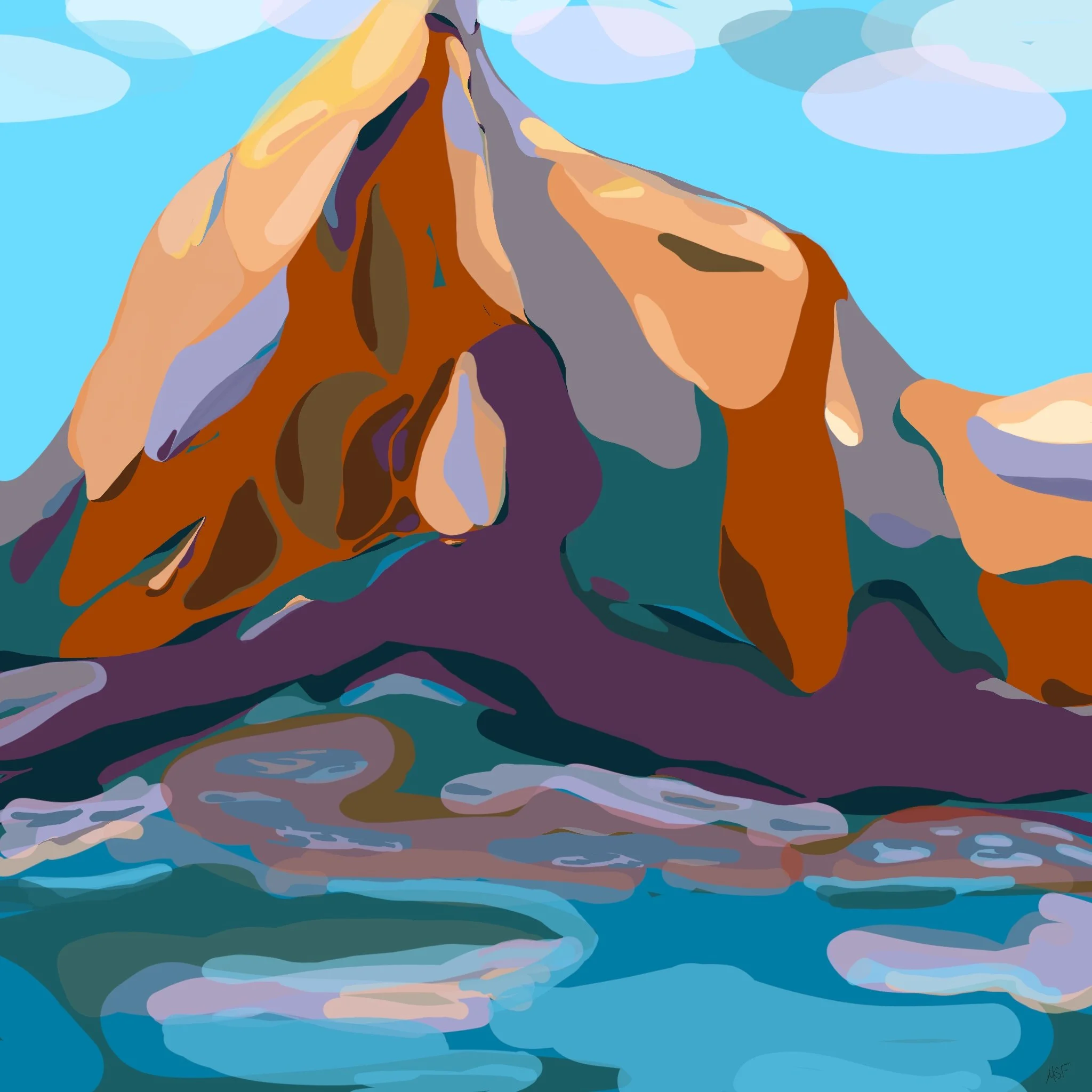Stylized digital painting of a mountain with rocky and snowy features, reflected in a calm body of water below, against a bright blue sky with a few clouds.