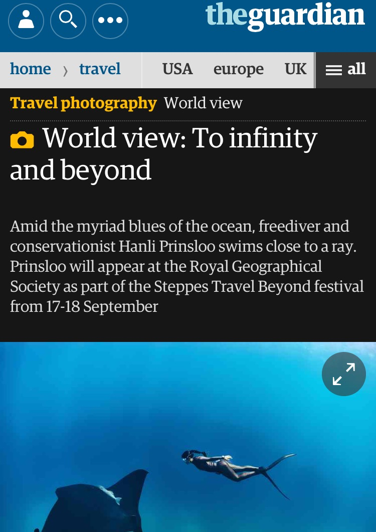 The Guardian / Photo of the Day in collaboration with Steppes Travel September 10, 2016 Freediver and ocean conservationist Hanli Prinsloo will be among the speakers at Steppes Travel Beyond, a two-day festival at the Royal Geographical Society on 17 and 18 September. Taking the theme of adventure, the event will hear from conservationists, wildlife experts and explorers.
