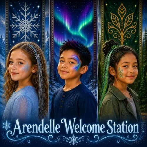Three children showcase icy, northern lights, and magical forest face paint and hair styling in a Frozen-inspired display.