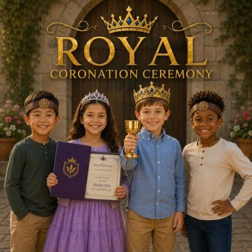 Four children dressed as a princess, prince, and two heroes pose beneath a royal coronation banner in a castle-inspired setting.