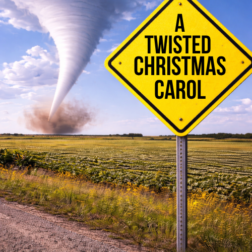 A tornado sweeps across farmland behind a yellow road sign reading "A Twisted Christmas Carol," hinting at the comedy's chaotic and unconventional holiday adventure.