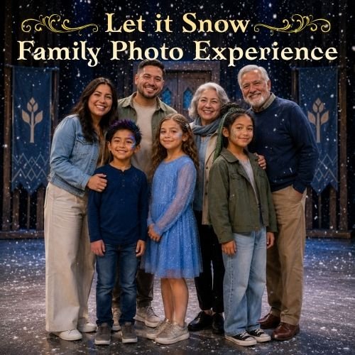 A family of seven poses on a snowy theater stage during a festive winter photo experience.