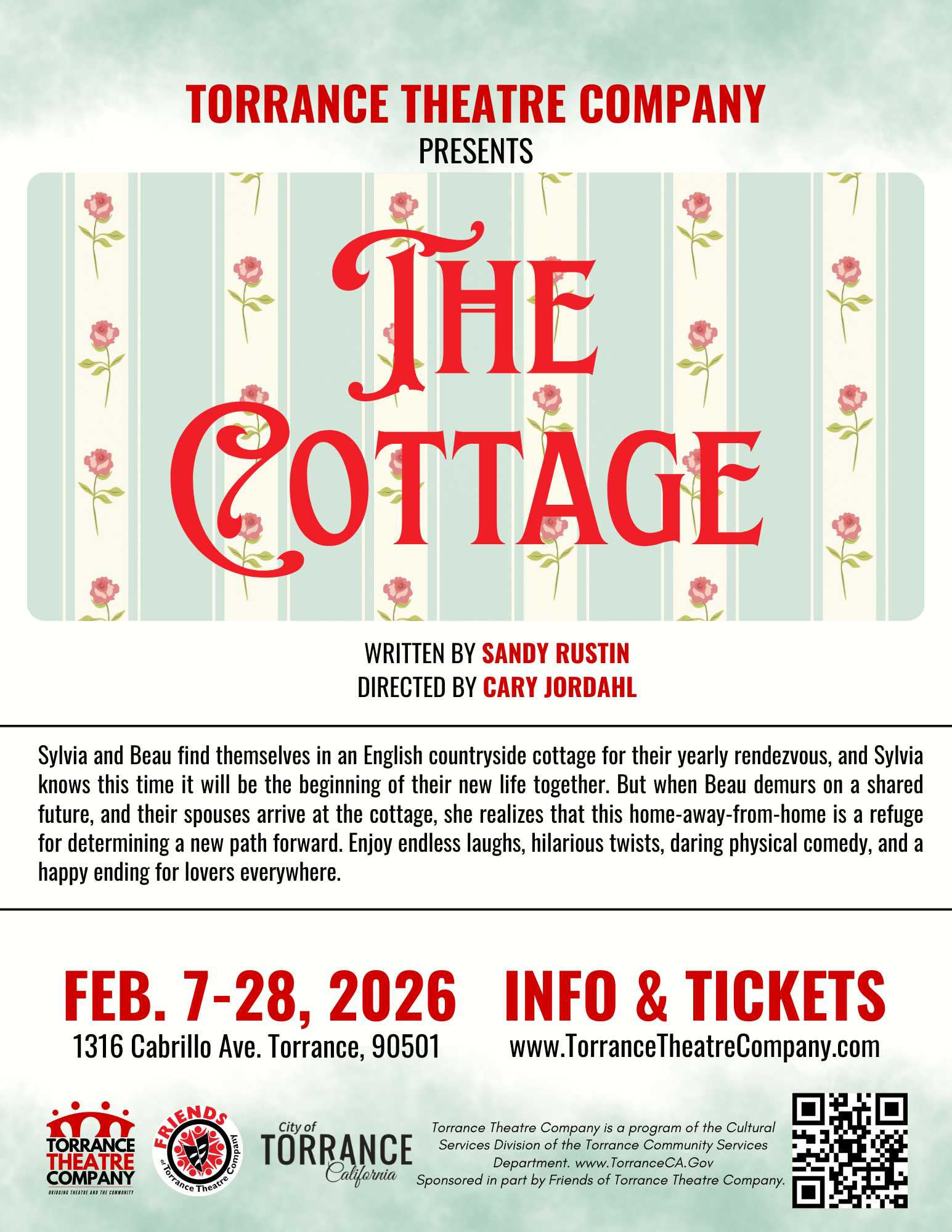 Poster for Torrance Theatre Company’s production of The Cottage by Sandy Rustin, featuring a soft green floral wallpaper design with bold red title text, performance dates February 7–28, 2026, venue in Torrance, California, and ticket information.