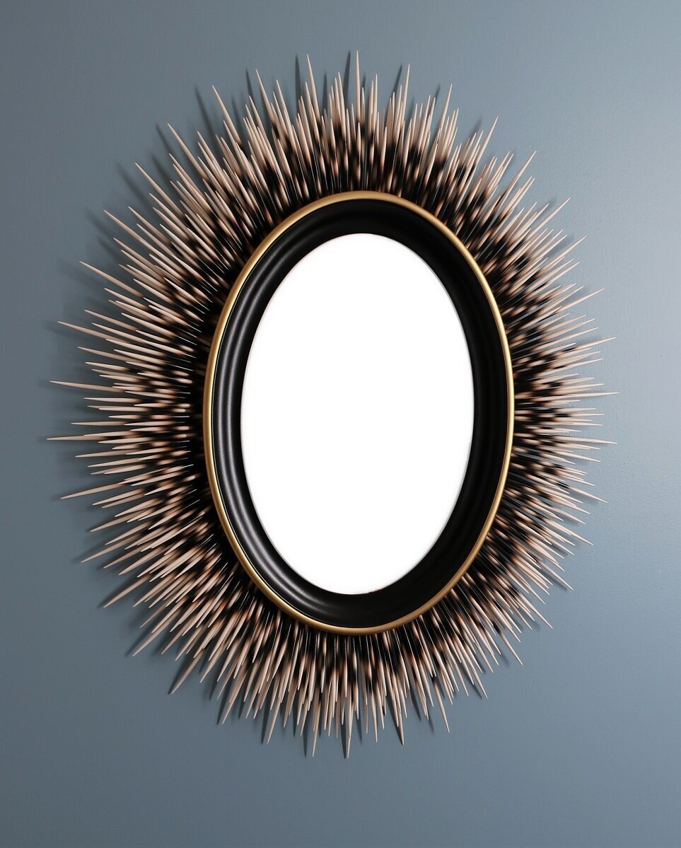36 x 30 inch "Porcupine Quill" Mirror: Ivory Tip with Black Frame and Gold Accent Border