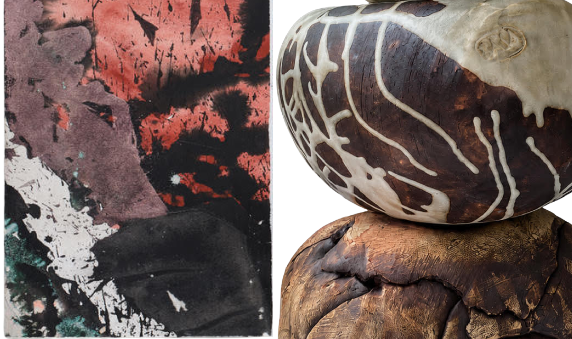 Olivia Petrides and Lynn Basa, Witness to Bedlam, detail view of fractured mixed-media work on paper beside layered ceramic sculpture.