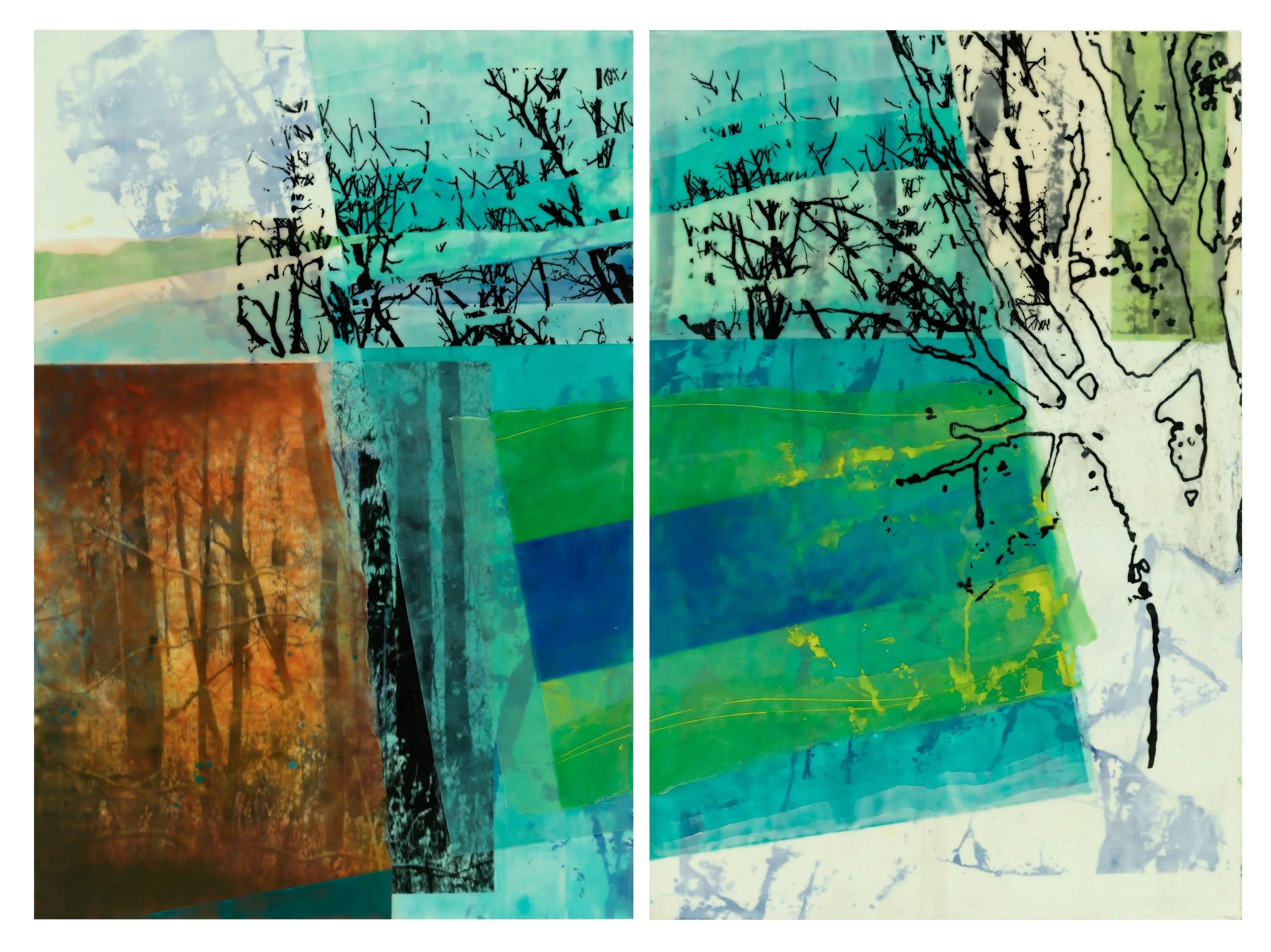 Artistic collage featuring abstract landscapes with trees, water, and vibrant colors like green, blue, and orange, divided into multiple overlapping sections. Art by Jane Michalski.