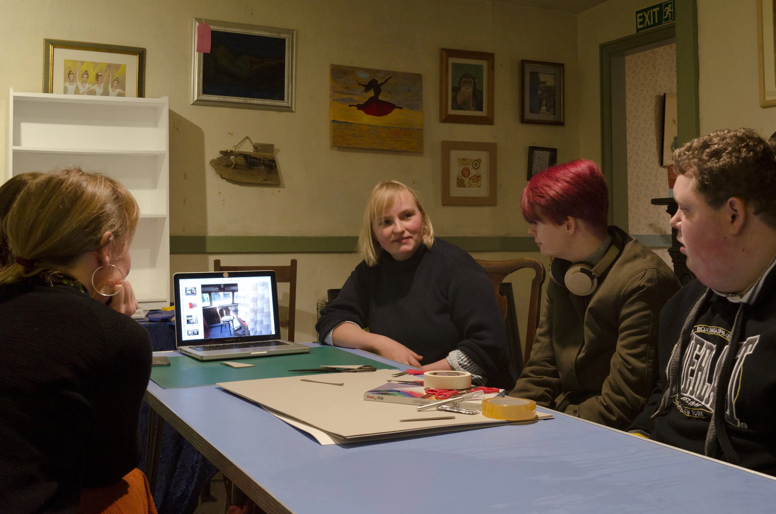 In December illustrator and print maker Jo Waterhouse led a session. She described funding her way through art school by selling antiques, and delivered a practical session in illustrating objects and then working together to make a display. Each object was placed by its creator in relation to others already placed before it. We kept moving objects until the group was satisfied collectively with the result.