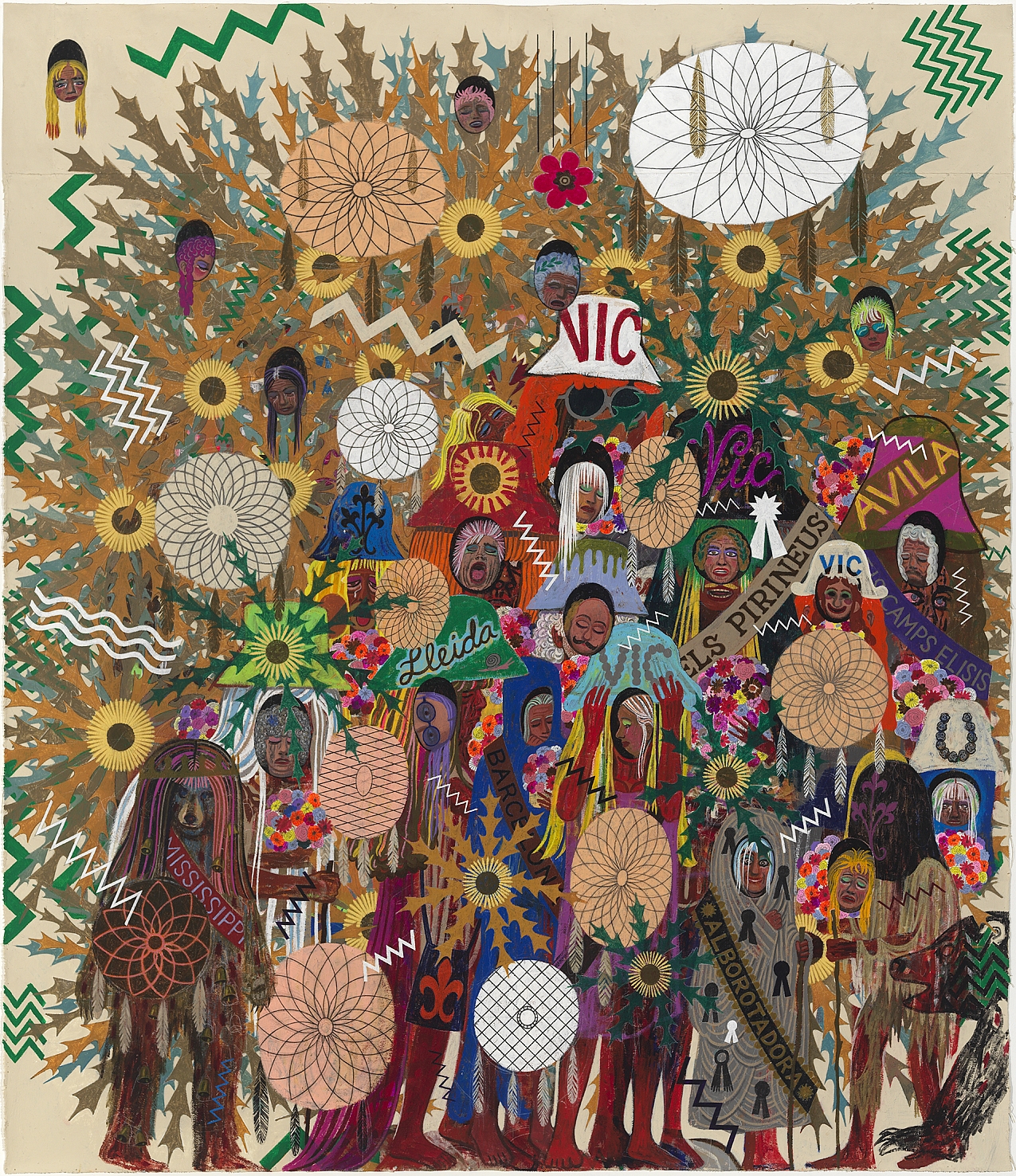  Façade of a Catalan Pilgrimage With Self-healing Bears And A Falling Flower, 2016, Acrylic and graphite on canvas, 84 X 72 inches 