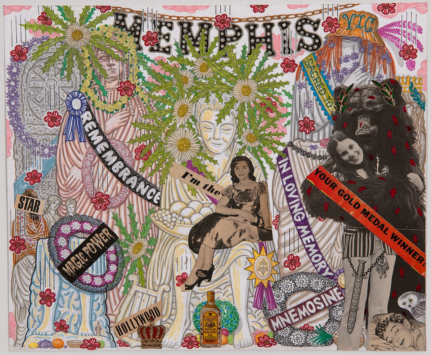 Necropolis Of The Super Muses With Self-healing Bear, 2016-2017, Art marker, collage, India ink, and graphite on paper, 14 X 17 inches.