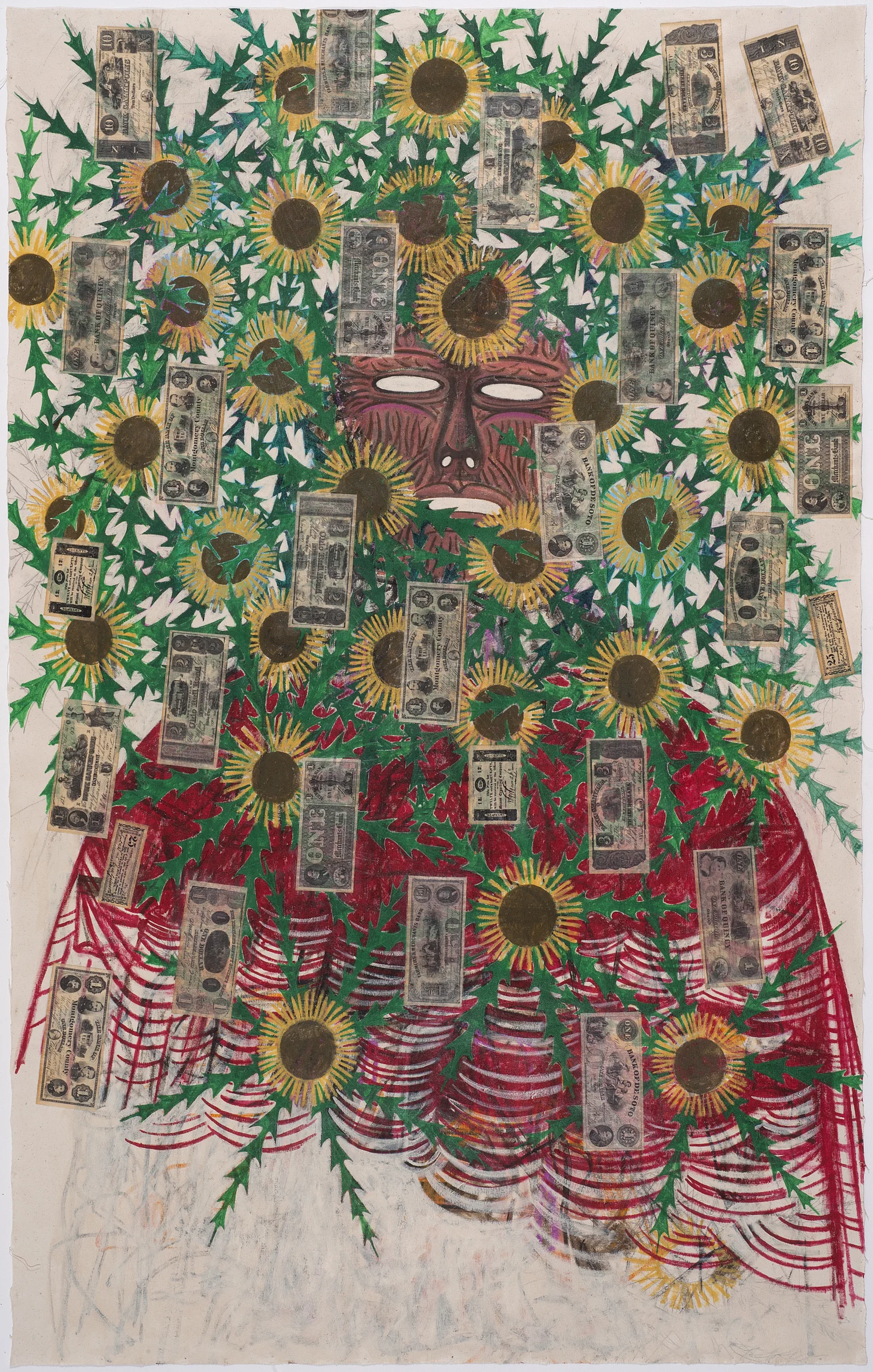 Façade Of A Pyrenean Thistle Spirit, 2017, Acrylic, collage, and graphite on canvas, 72 X 46 inches