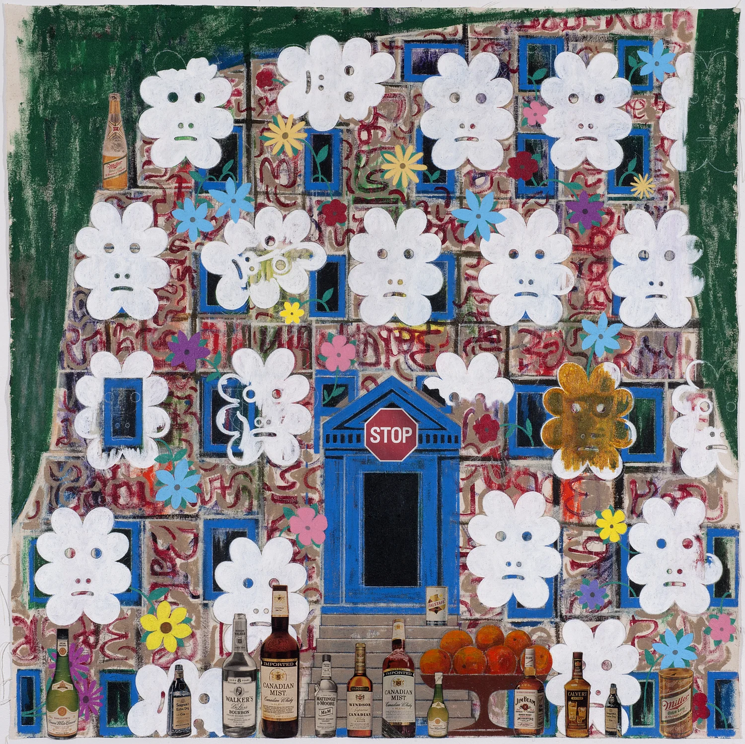 Naiskos, 2018, Acrylic, collage, and graphite on canvas, 36 X 35 inches