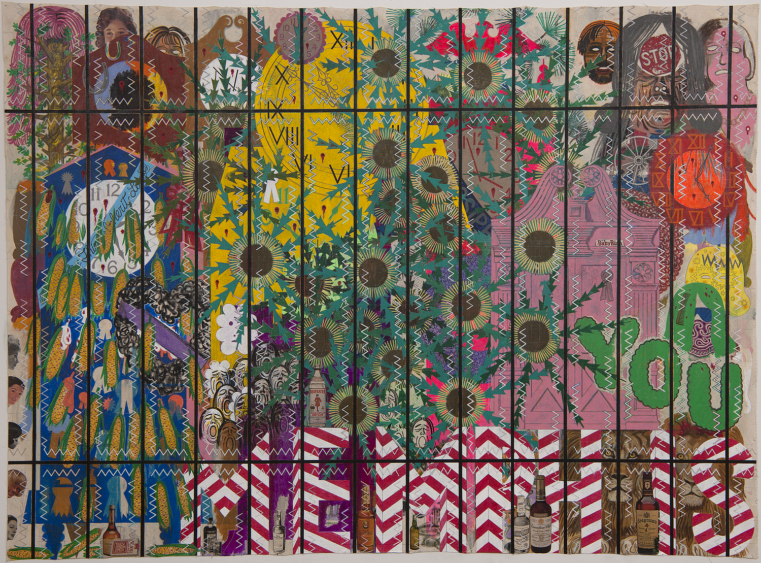 Shrine With Self-healing Clocks and Peppermint Memphis, 2018, Acrylic, collage, and graphite on canvas, 62 X 84 inches
