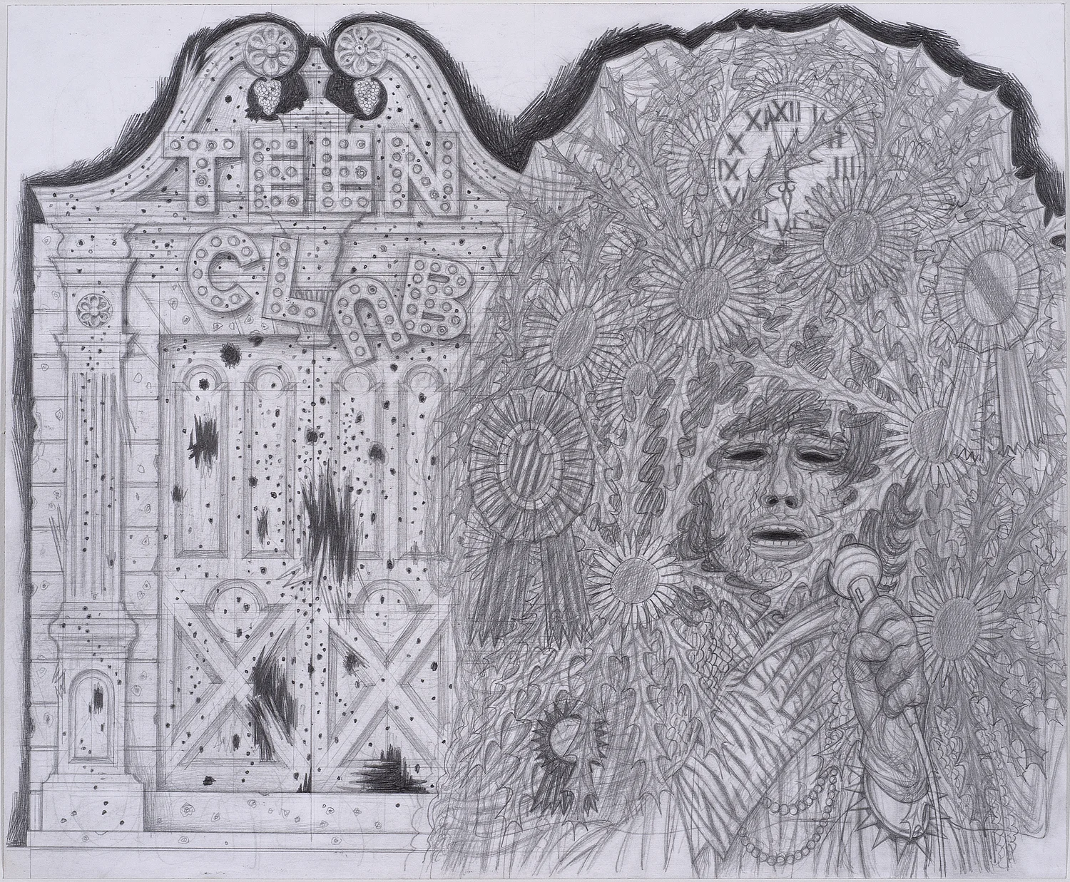 The Singing Dream Façade, 2018, Graphite on paper, 14 X 17 inches