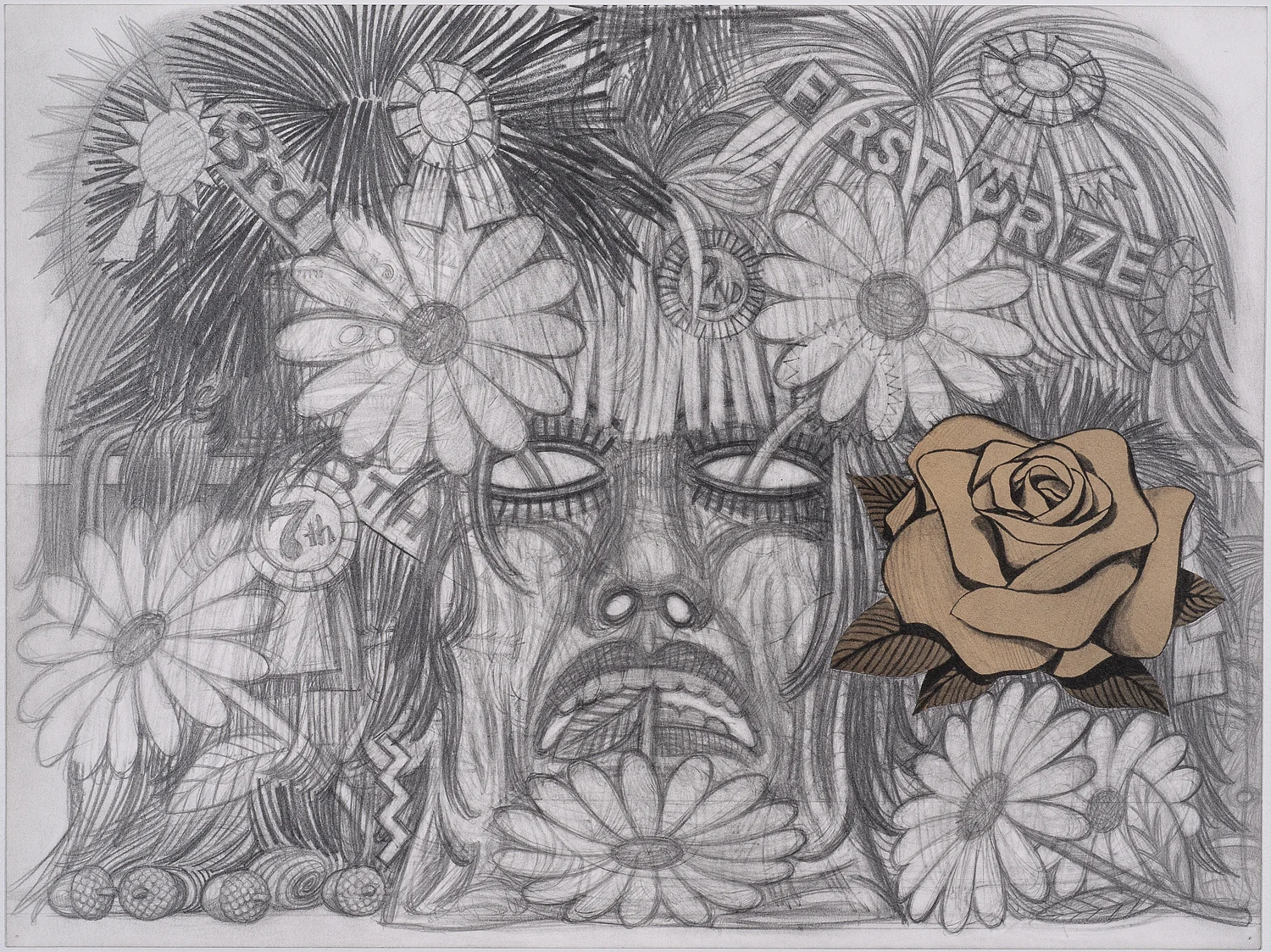 Award-winning Death Mask Of The Glam Rocker, 2019, Graphite and collage on paper, 9 X 12 inches