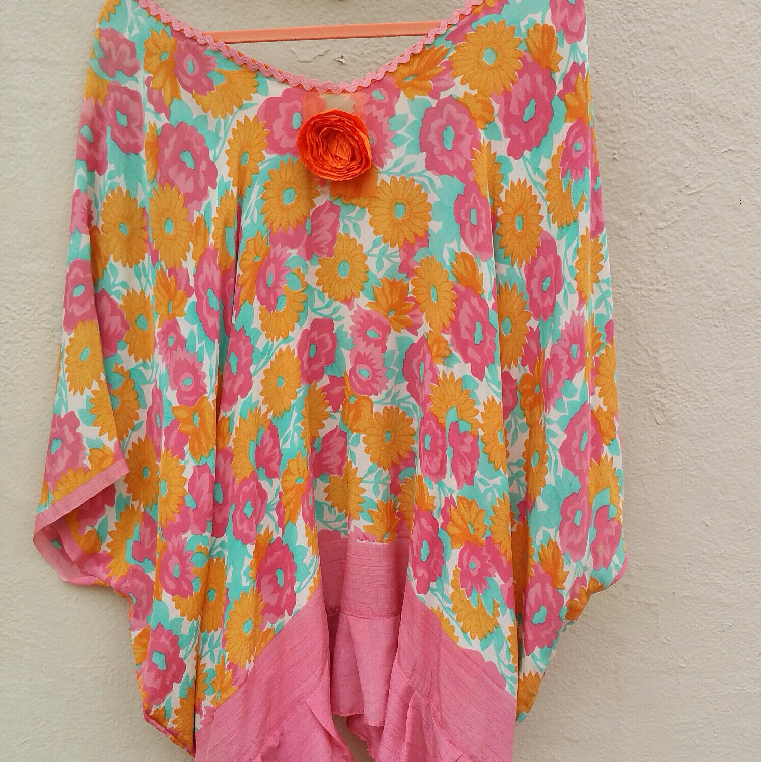 One of a kind peach and pink flower silk crepe boho kaftan top