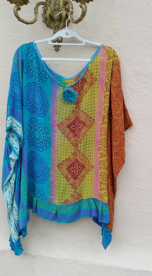 VTT : Vibrant mixed colours off the shoulder Kaftan top made from rare vintage silk crepe fabric