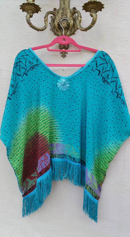 Deep sea green and turquoise silk crepe fringe top