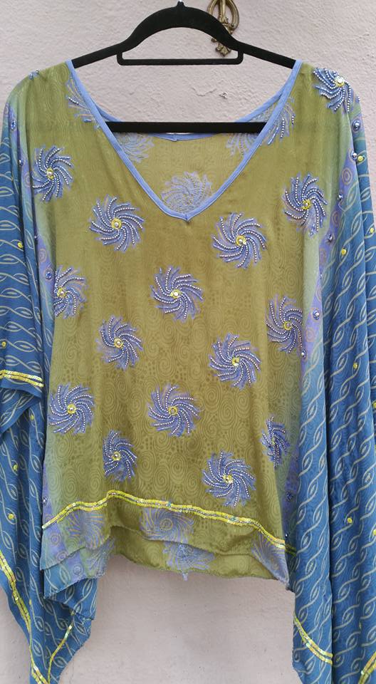 Khaki and denim blue silk crepe kaftan top