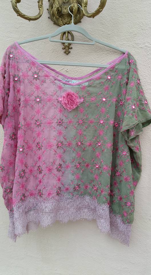 A dusky pink and taupe chiffon, embroidered lace top