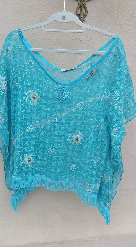 Vibrant turquoise boho , beaded, fringe top