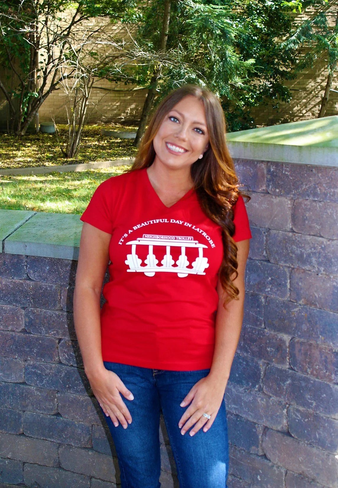 Red & White Trolley “It’s A Beautiful Day in Latrobe” Ladies V-Neck T-shirt  — Latrobe Art Center