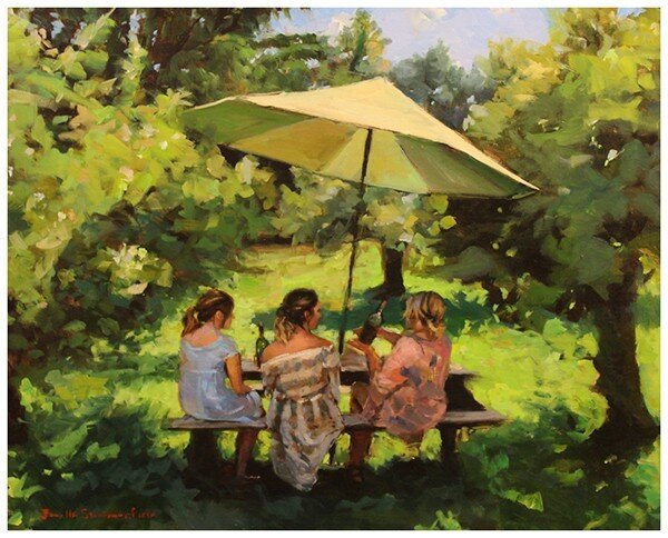 #ArtoftheDay:
&quot;Wine Club&quot; by Jonelle Summerfield
(Oil, $500) currently on view in our gallery