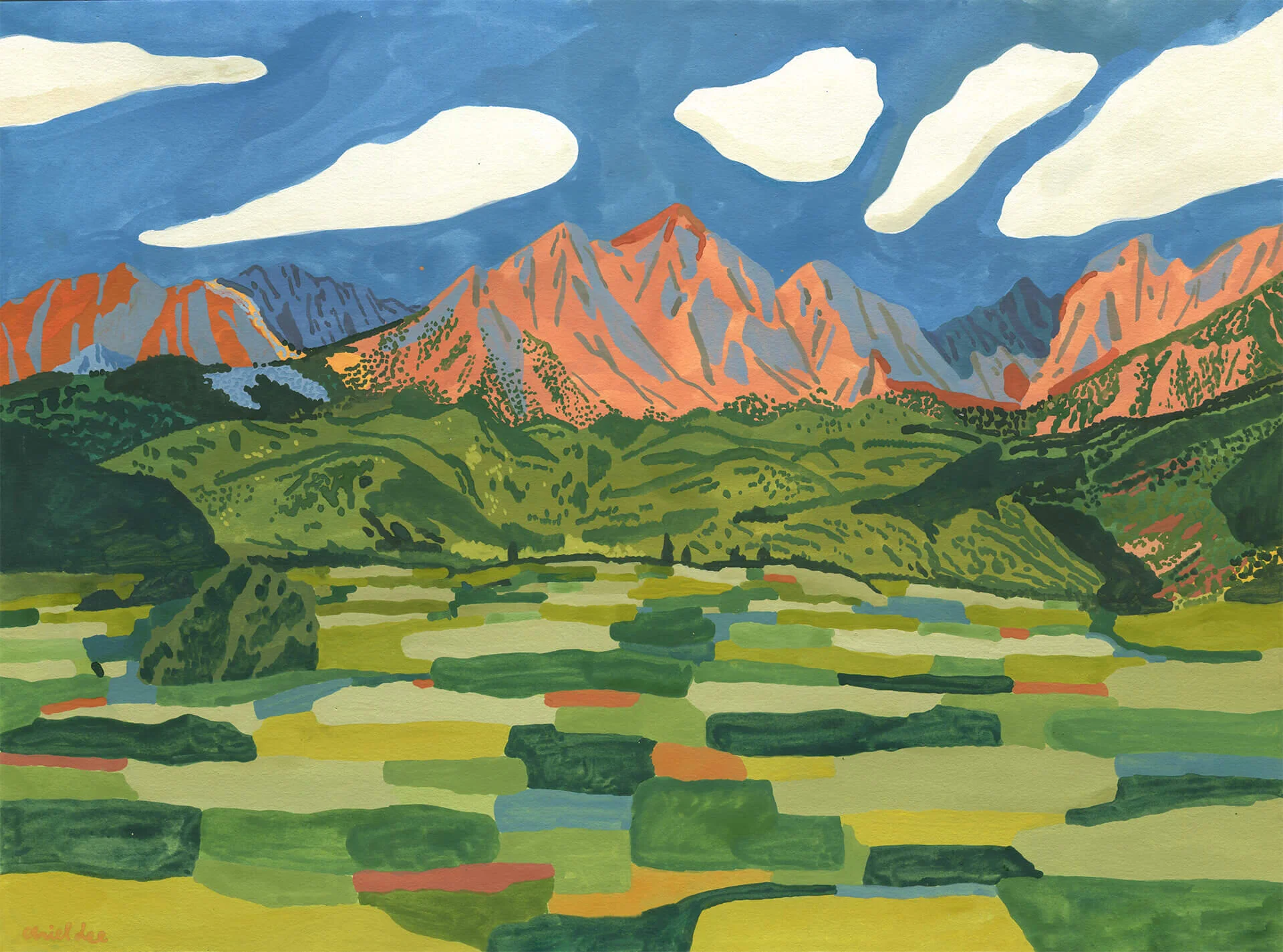 In The Summertime, I Can See The Mountains , Gouache on paper, 2019, 11x15 in