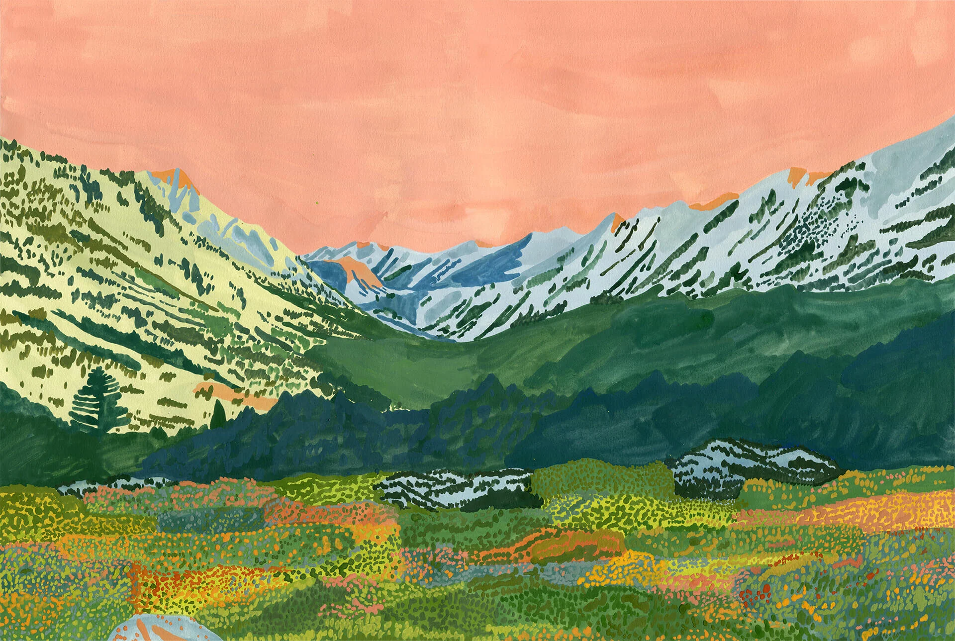 Alpine Glow In The Valley , Gouache on paper, 2019, 15x22 in