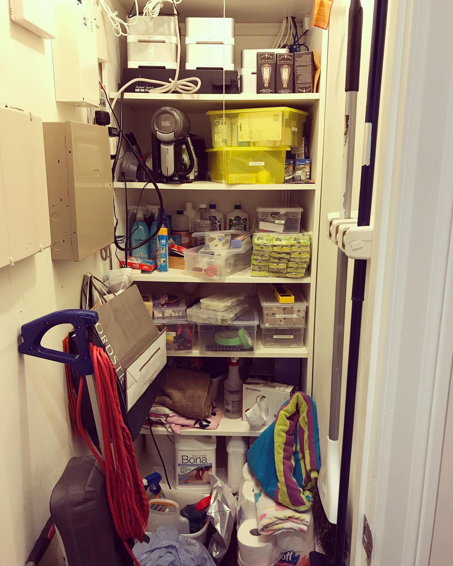 This hallway closet was becoming a little overrun with cleaning supplies, light bulbs, tools &amp; towels. 
What to do? Empty the entire space (pic 2) and start fresh. Seeing the empty shelves provides clarity and the motivation to put everything bac