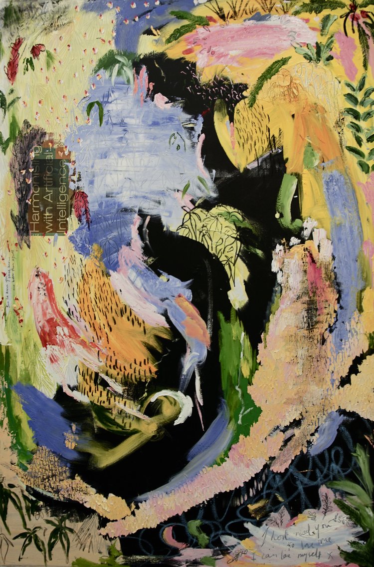 Michaela Yearwood-Dan, A.I and Me , acrylic, charcoal and oil on canvas, 2018.