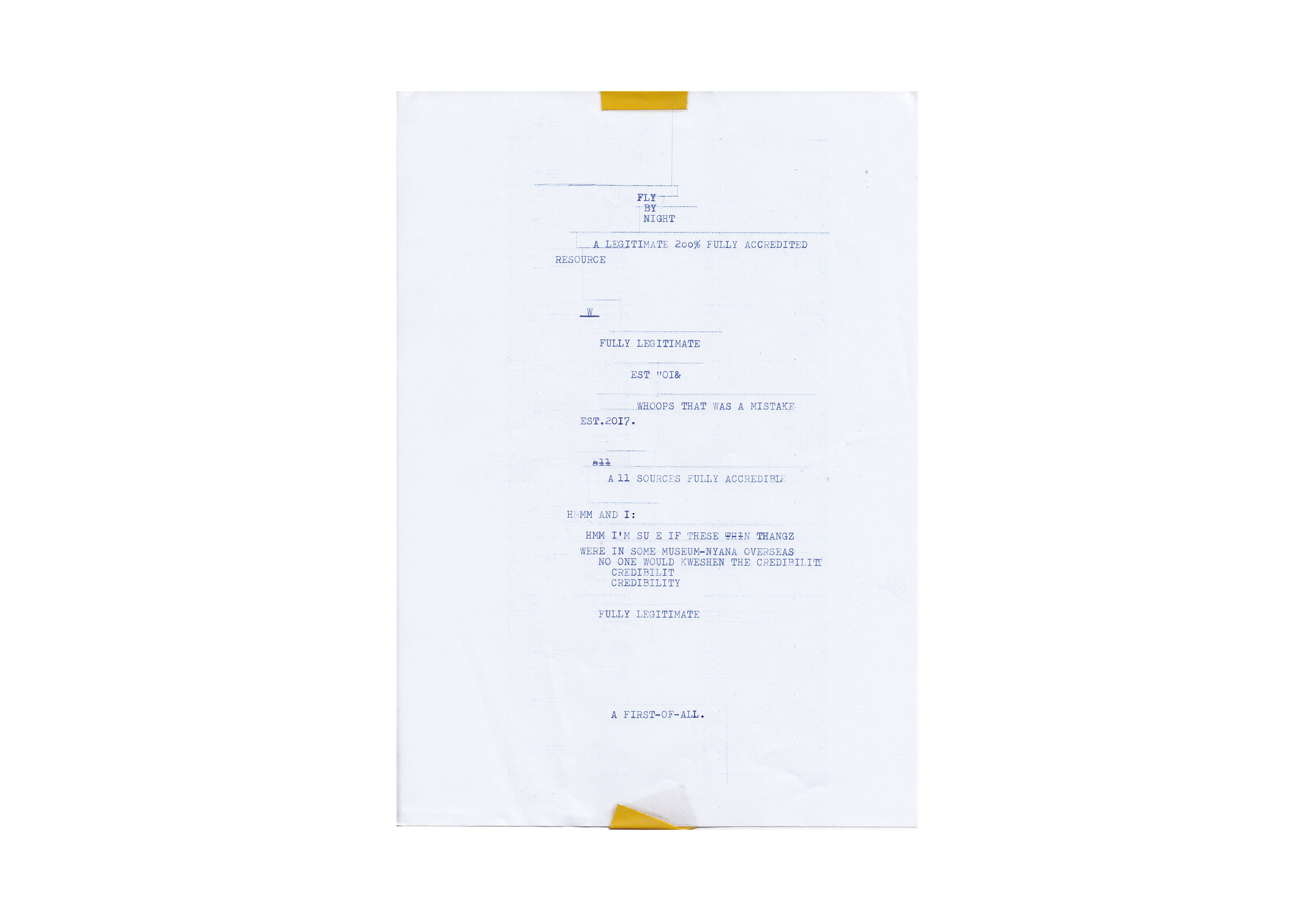 Simnikiwe Buhlungu, Fly By Night Resources, type written texts, 2017.