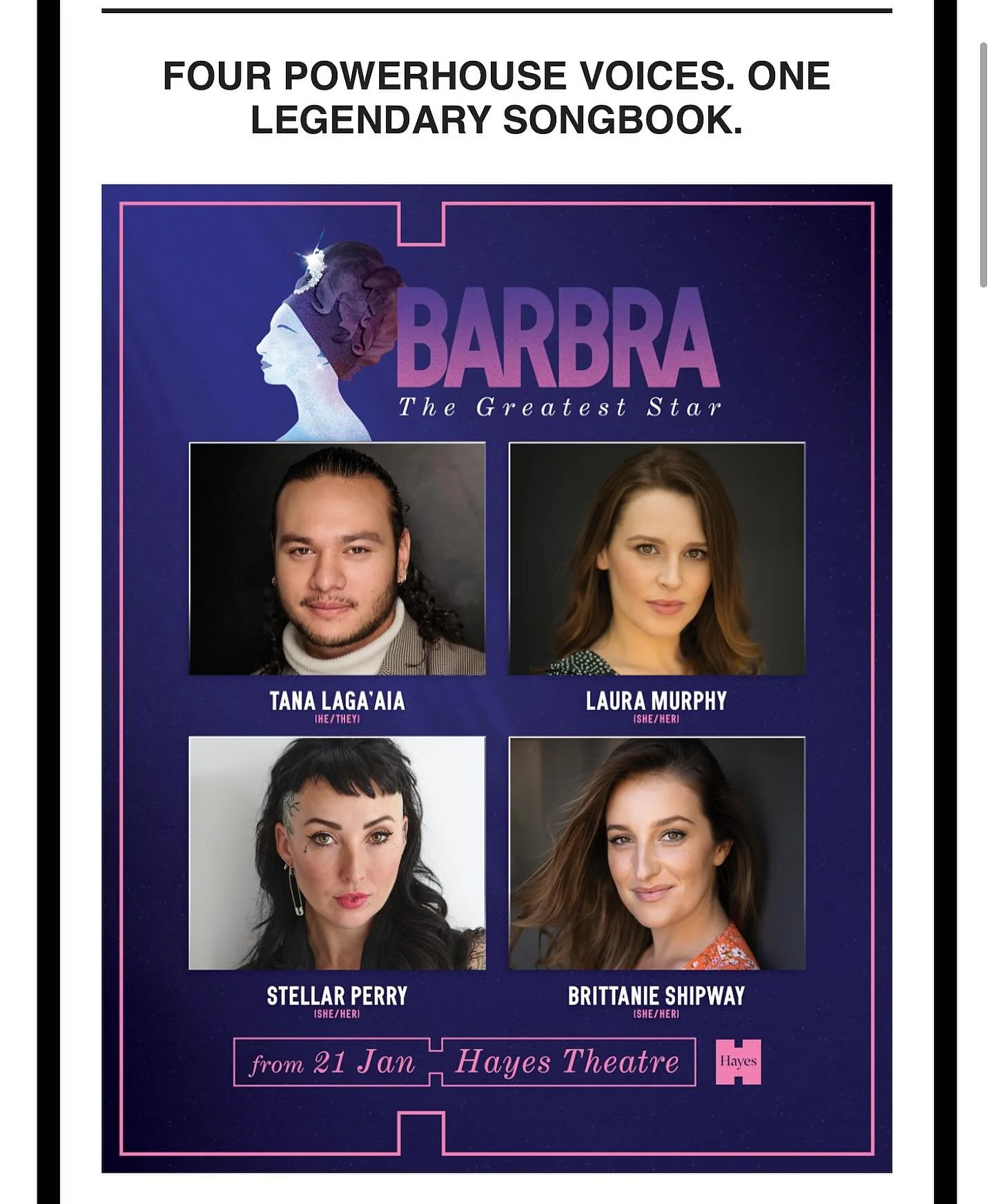 Powerhouse voice is right! Our very own @tanalagaaia will be belting out some iconic Barbra tunes at the @hayestheatreco_official in Barbra The Greatest Star 🌟 
#barbra #barbrastreisand #thegreateststar #onlyatthehayes #castannouncement #tandemanage