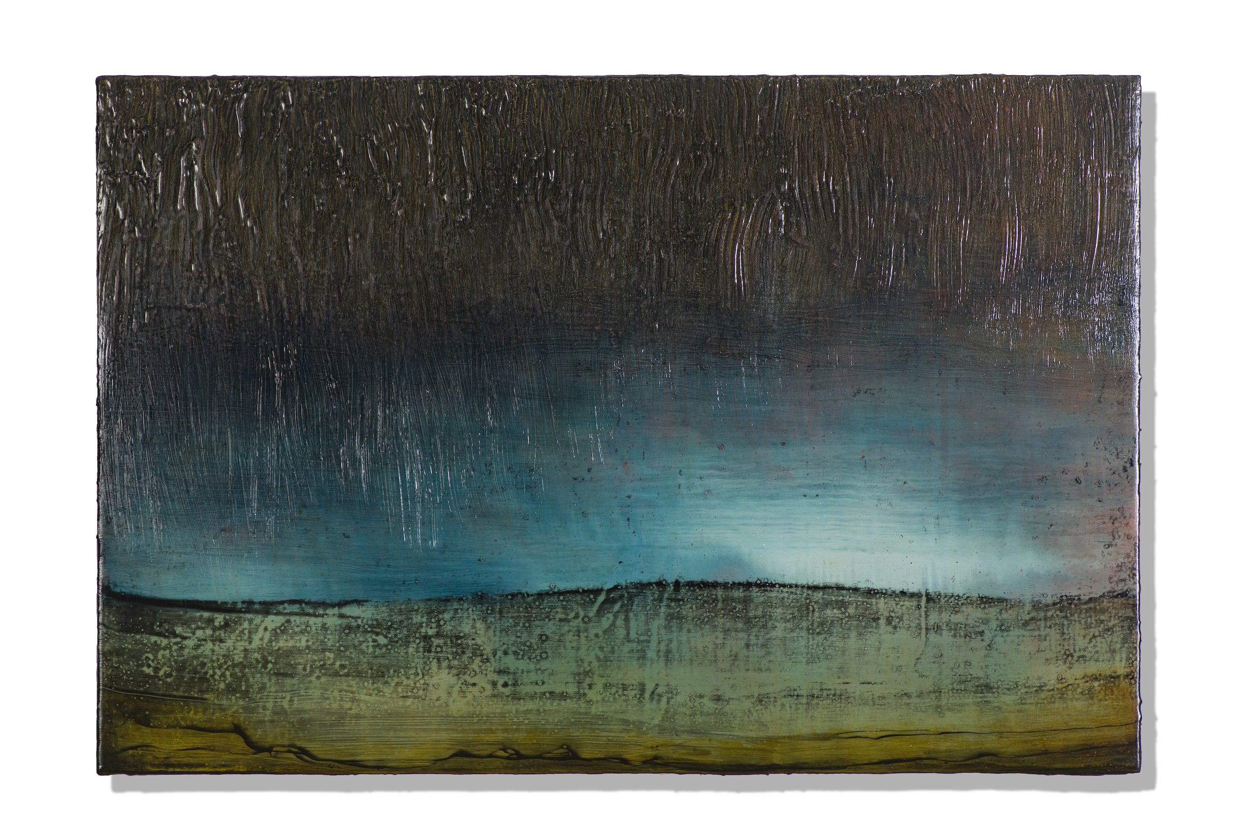 Oil, alkyd, acrylic, ink on raw silk on panel