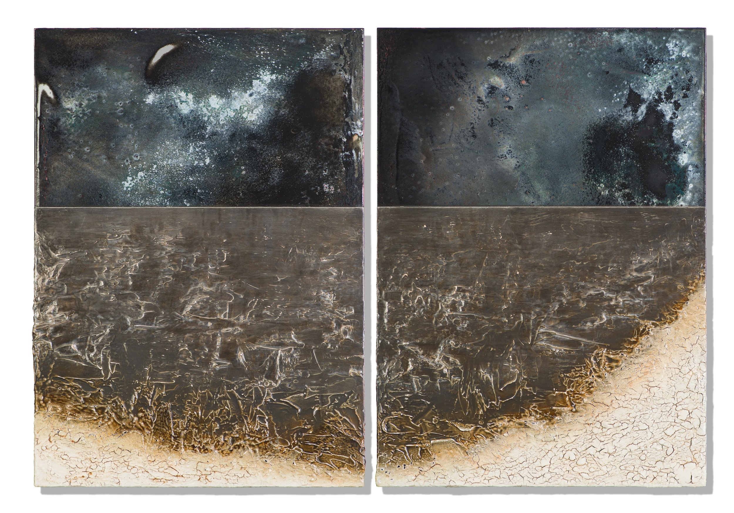 32 × 48 × 2 inches Oil, acrylic, mica, graphite, tape, asphaltum on silk on two panels