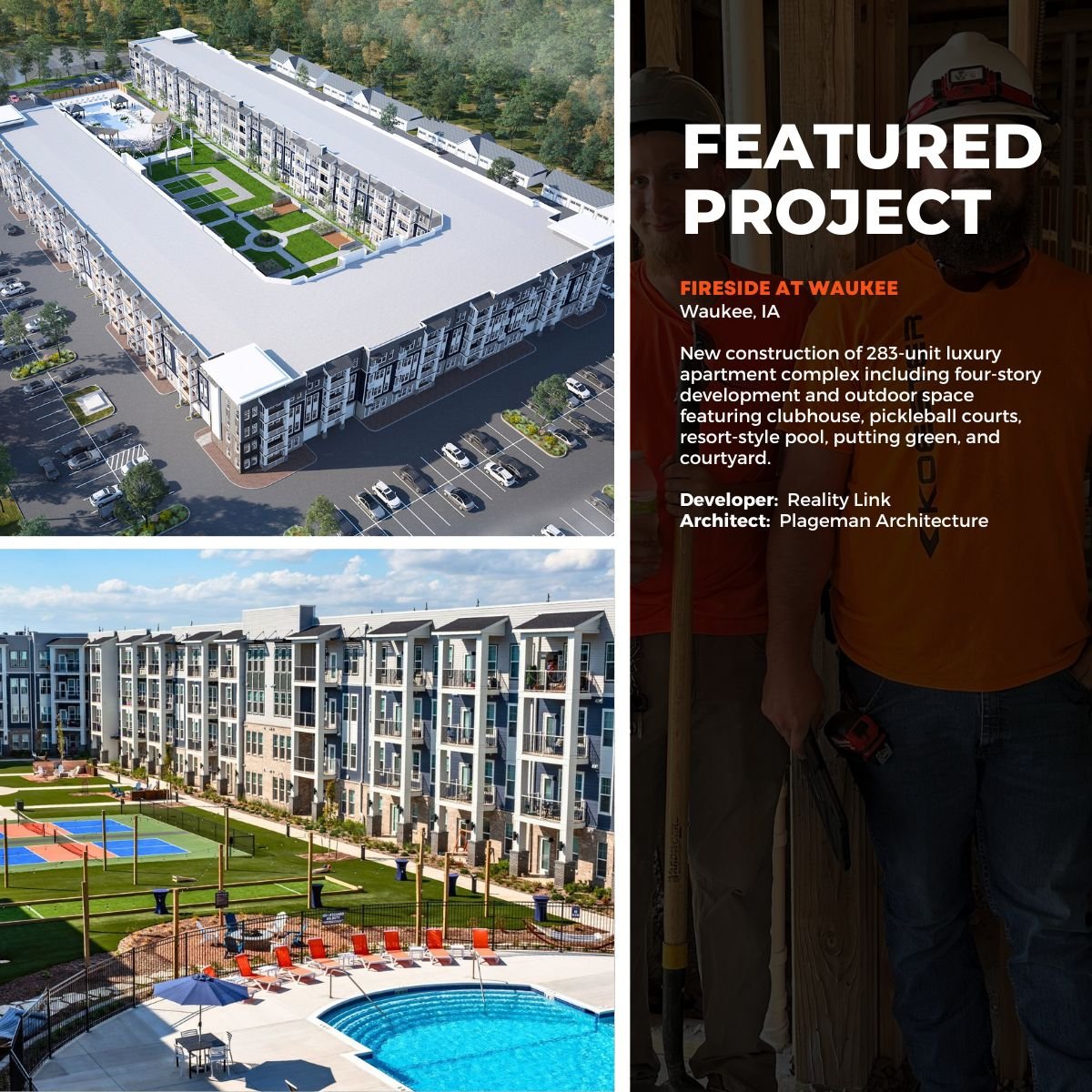 Fireside at Waukee is one of our most exciting and expansive projects yet &mdash; a stunning 4-story luxury apartment community featuring 283 market-rate units and incredible outdoor amenities.

From a resort-style pool and pickleball courts to a clu