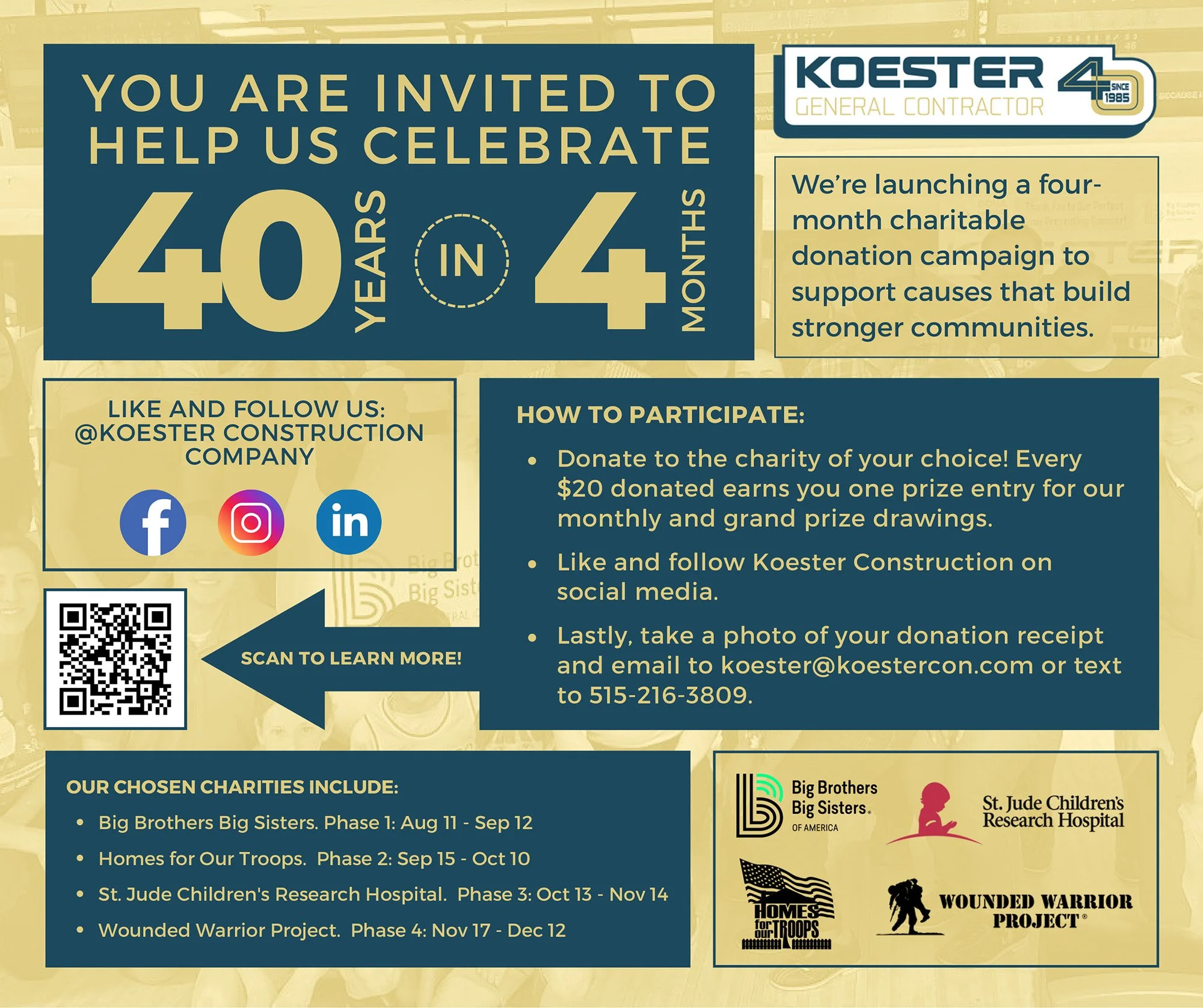 Koester Turns 40 &ndash; Let&rsquo;s Celebrate &amp; Give Back!

We&rsquo;re marking 40 years in business by doing what we love most: building stronger communities. And YOU can join the party&hellip; and maybe win big!

Over $6,500 in prizes up for g