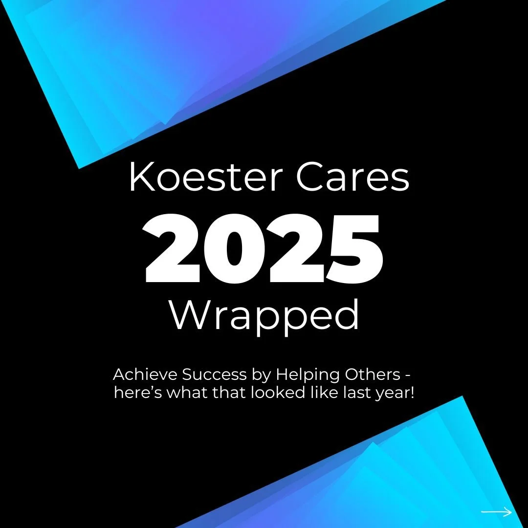 Koester Cares 2025 Wrapped highlights a year of meaningful impact achieved through service and generosity. 

Together, the team donated over $55,000, volunteered 150+ hours, and partnered with 43 nonprofits. Leading by our purpose: Achieve Success by