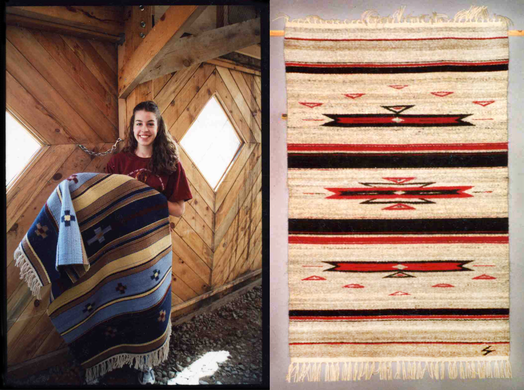 3′ x 5′ rug-weight wool blankets – just two of hundreds woven over a period of seven years. Left: Blue and tan crosses in a palette inspired by the New Mexico landscape, handwoven with Rambouillet yarn. Right: Naturally dyed Cochineal red with natural black and gray Navajo Churro yarn
