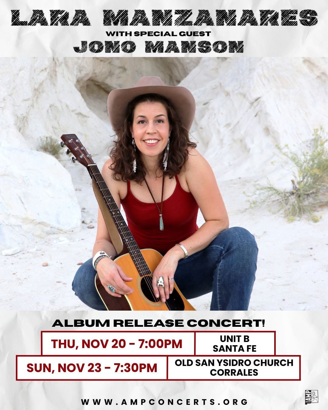 Flyer for Lara Manzanares album release concert, Nov 20 and 23. Tickets at ampconcerts.org