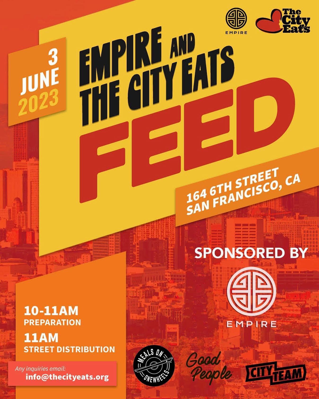 SATURDAY, June 3rd
10am Meal Prep
11am Meal Pick-Up for Street Distribution. Keep in mind street distribution will be by foot 🦶 , your personal vehicles 🚗, or one wheel.
 
📍@cityteamsf
164 6th Street, San Francisco, CA
*ALL Ages are Welcome to Vol