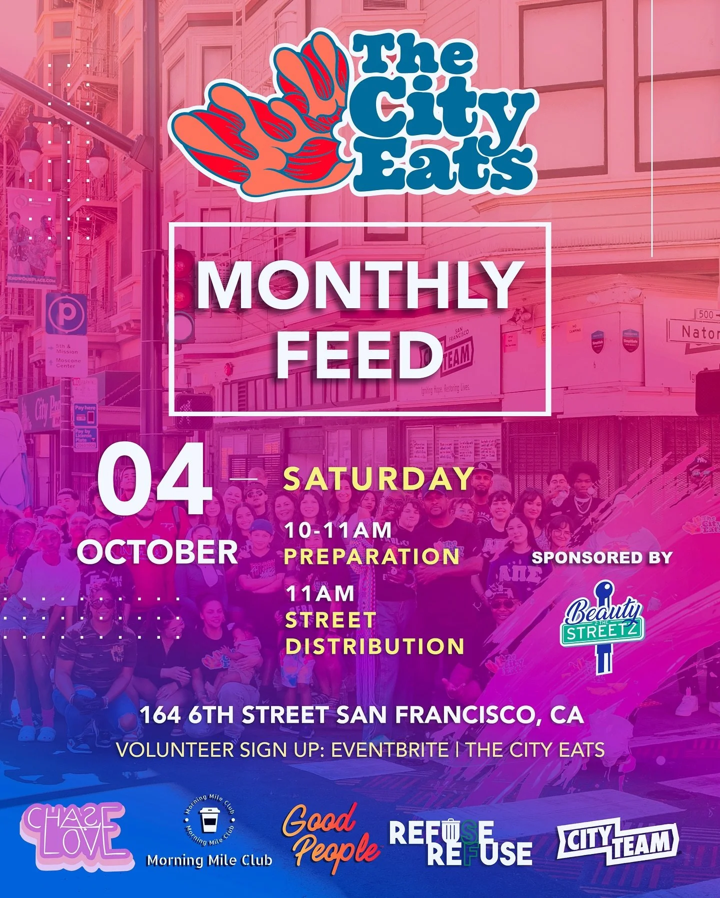 🗓️ SATURDAY - October 4, 2025

10am Meal Prep
11am Meal Pick-Up for Street Distribution. Keep in mind street distribution will be by foot 🦶 , your personal vehicles 🚗, or one wheel.

📍@cityteamsf
164 6th Street, San Francisco, CA
*ALL Ages are We