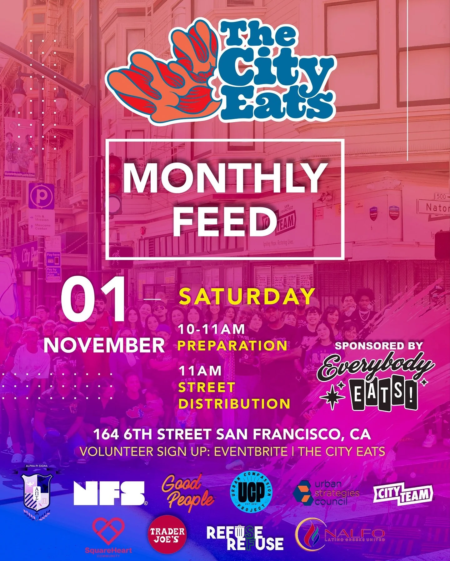 🗓️ SATURDAY - November 1, 2025 
We are showing up with love, support, and health 🫡
📍@cityteamsf
164 6th Street, San Francisco, CA
*ALL Ages are Welcome to Volunteer*
10am Meal Prep
11am Meal Pick-Up for Street Distribution. Keep in mind street d