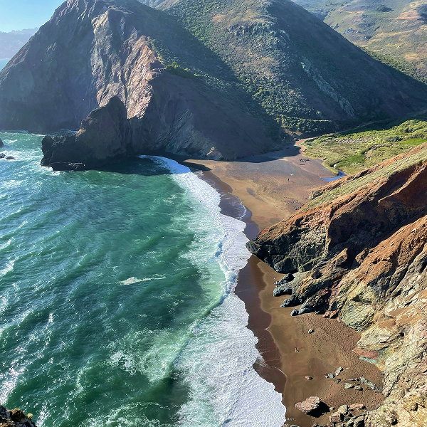 Rocky coastal cliffs and beach along the North Bay shoreline, Northern California