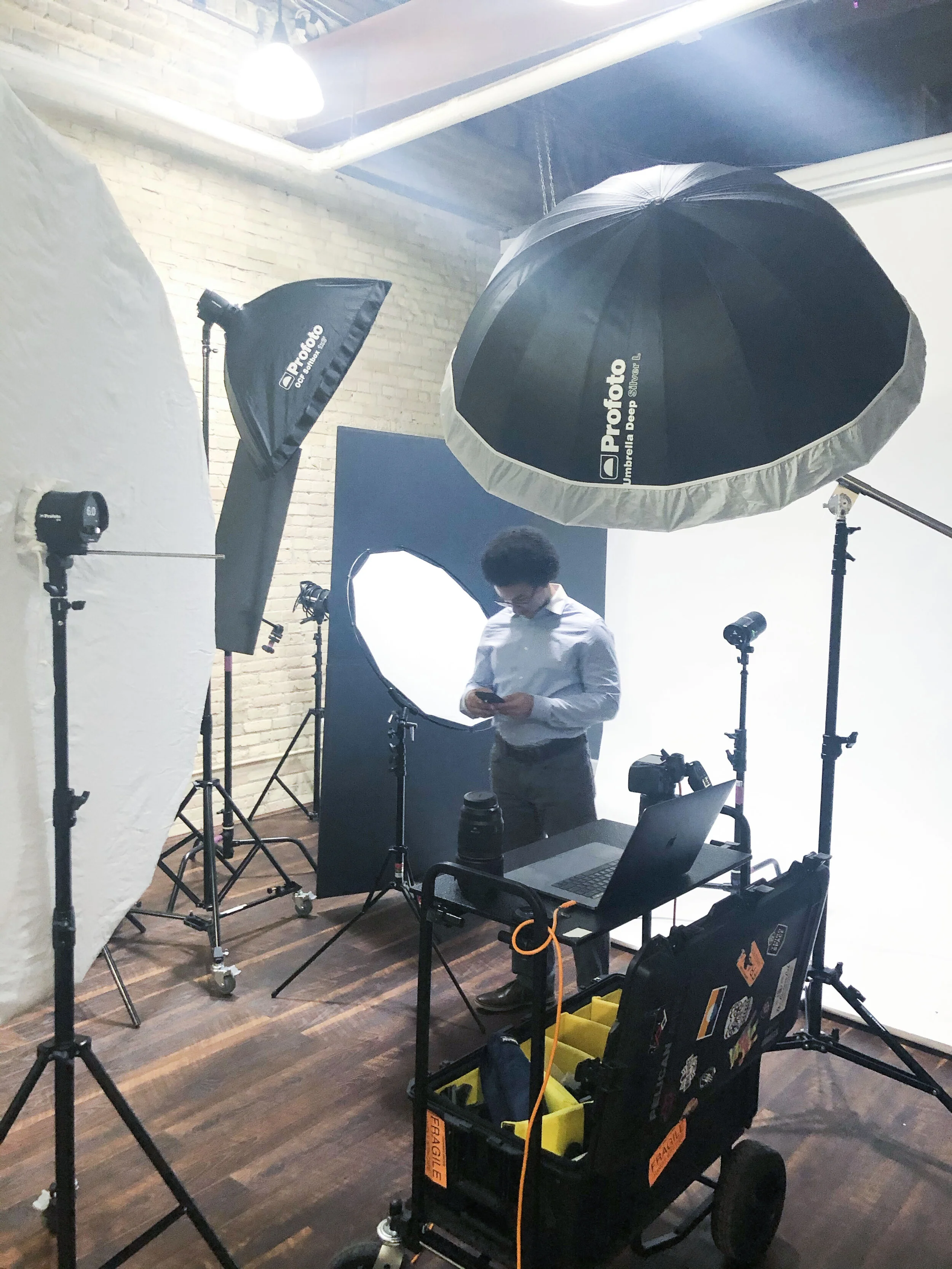 Cell phone snap after a pre-light test day at the studio. Cycled through 6 different set up scenarios in 2 hours while testing/comparing pieces of equipment.