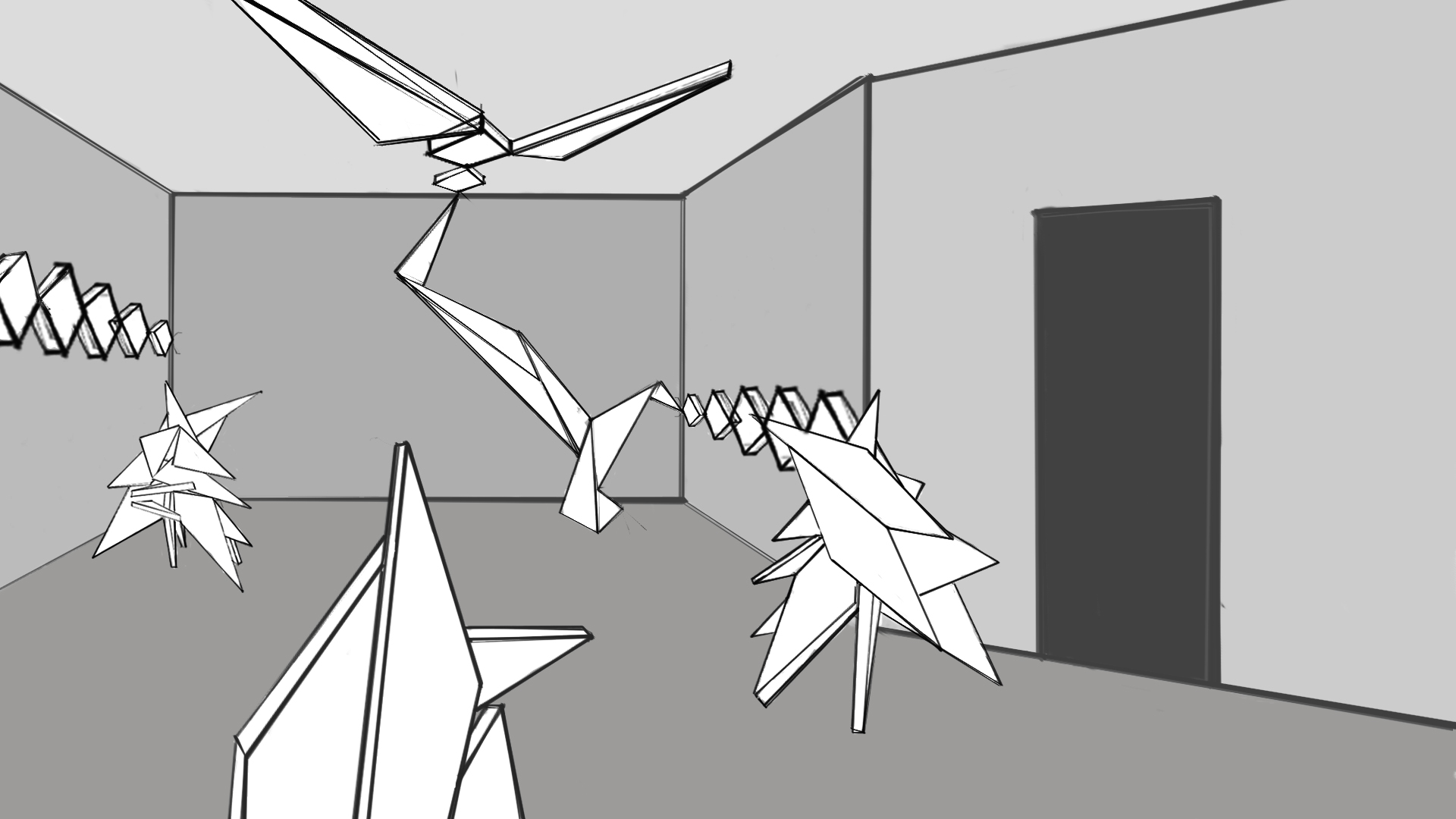 Initial sketch - This is a rough interpretation of how the sculptures may be positioned in a gallery space.